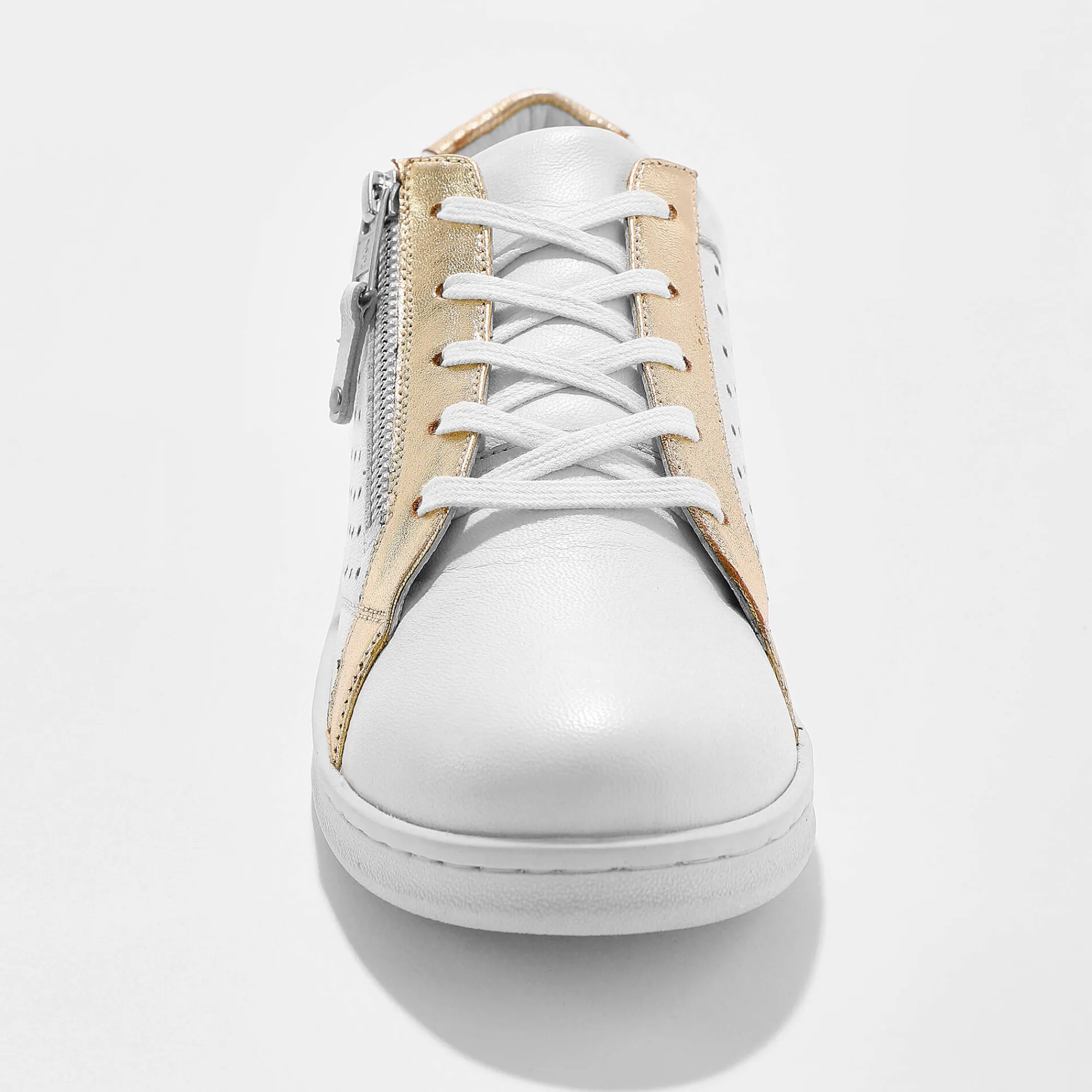 Baskets En Sneakers|Schoenen<Blancheporte Tweekleurige sneakers in geperforeerd leer met rits wit / goudkleurig