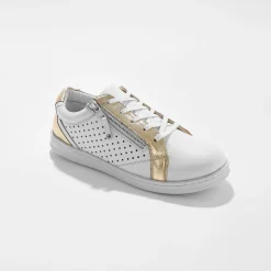 Baskets En Sneakers|Schoenen<Blancheporte Tweekleurige sneakers in geperforeerd leer met rits wit / goudkleurig