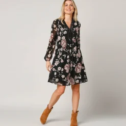Jurk<Lora Zellini Uitlopende jurk in bloemenvoile, V-hals in kant zwart / beige