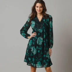 Feestoutfits Dames|Jurk<Lora Zellini Uitlopende jurk in bloemenvoile, V-hals in kant zwart / groen