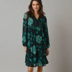 Feestoutfits Dames|Jurk<Lora Zellini Uitlopende jurk in bloemenvoile, V-hals in kant zwart / groen