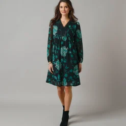 Feestoutfits Dames|Jurk<Lora Zellini Uitlopende jurk in bloemenvoile, V-hals in kant zwart / groen