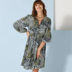 Jurk<Blancheporte Uitlopende jurk met strook, bedrukt groenblauw