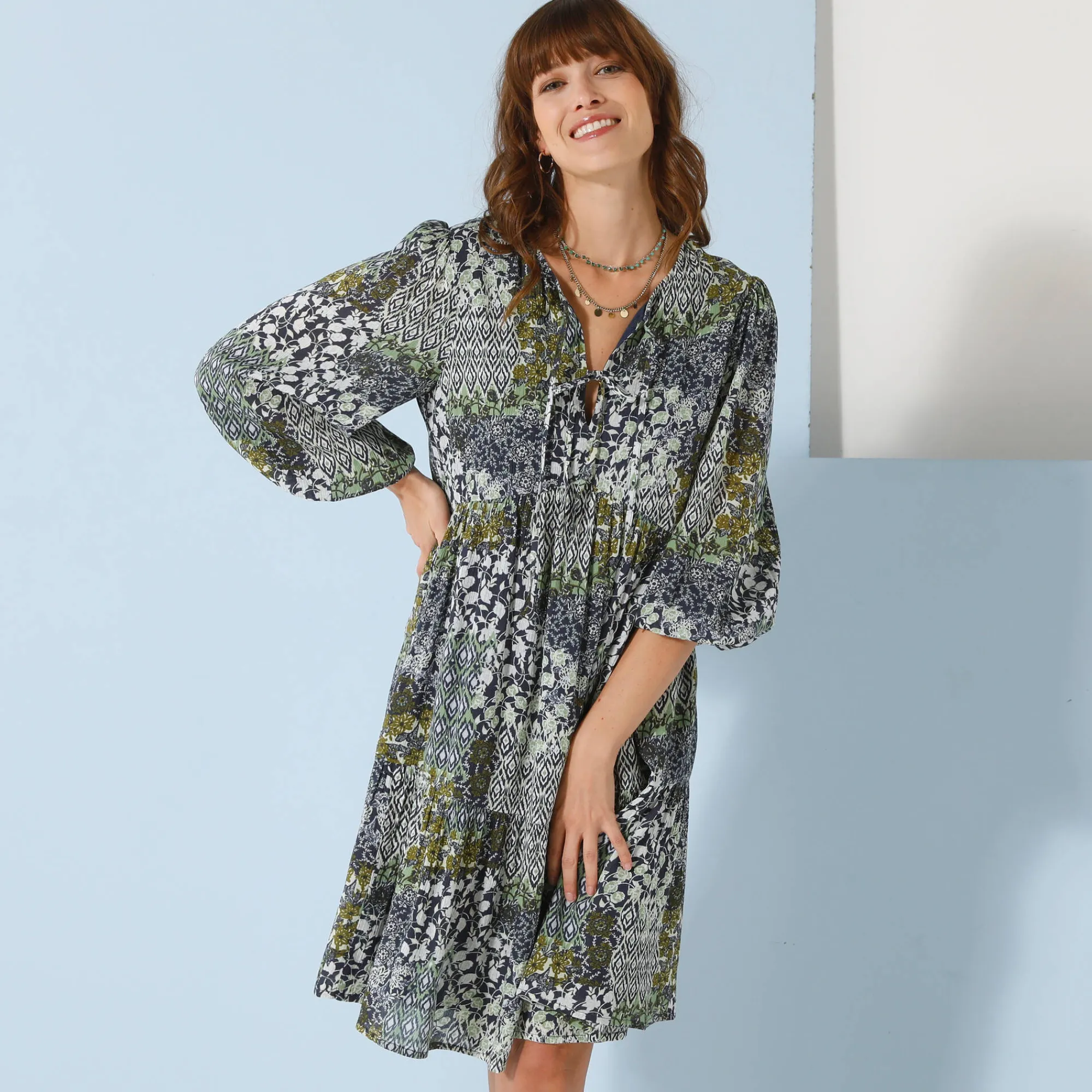 Jurk<Blancheporte Uitlopende jurk met strook, bedrukt groenblauw