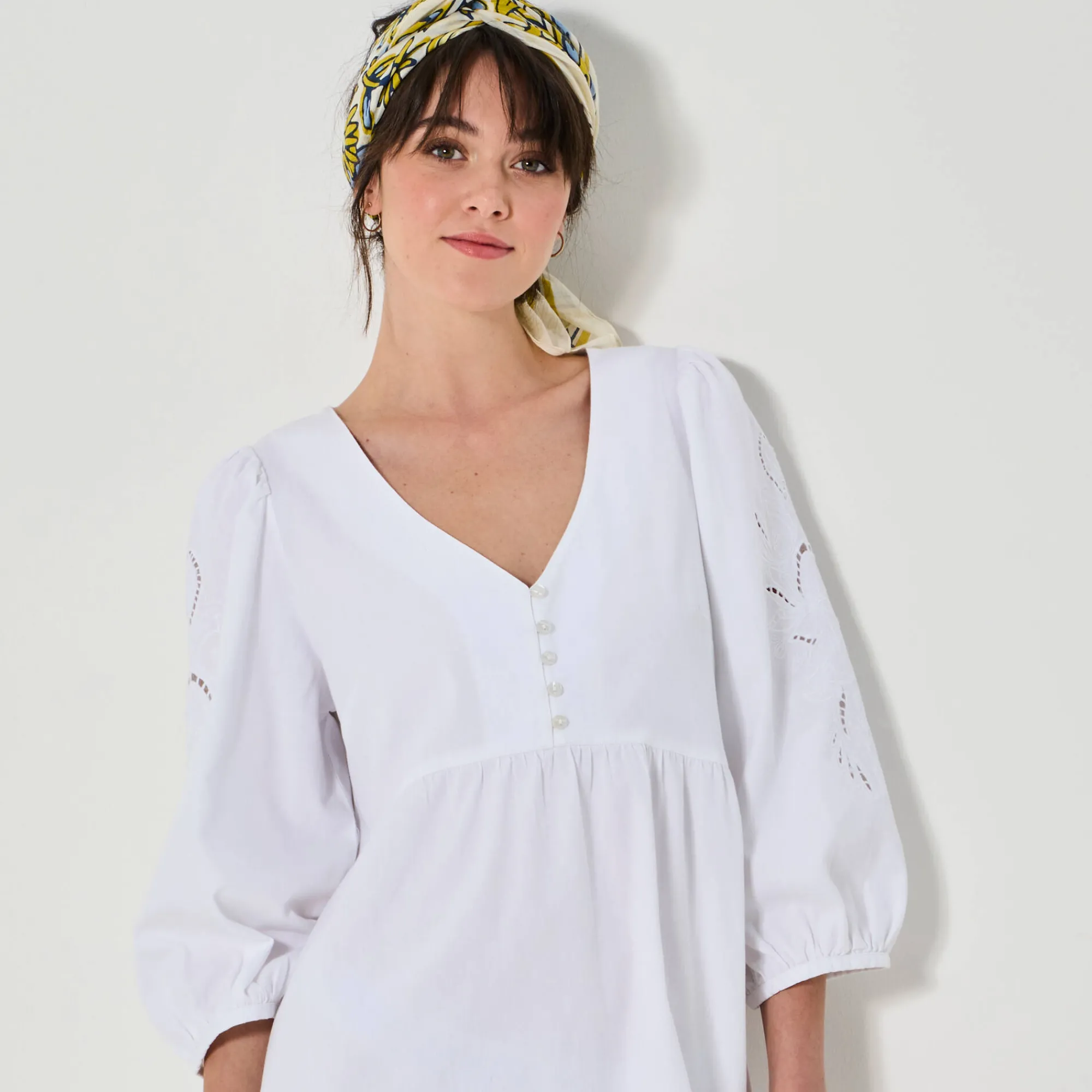 Jurk<Blancheporte Uitlopende korte jurk, details in broderie anglaise wit