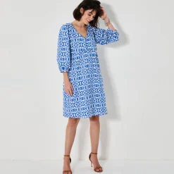 Jurk<Blancheporte Uitlopende korte jurk, ikatprint blauw / wit