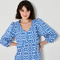 Jurk<Blancheporte Uitlopende korte jurk, ikatprint blauw / wit