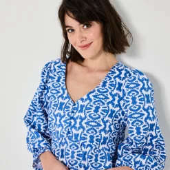 Jurk<Blancheporte Uitlopende korte jurk, ikatprint blauw / wit