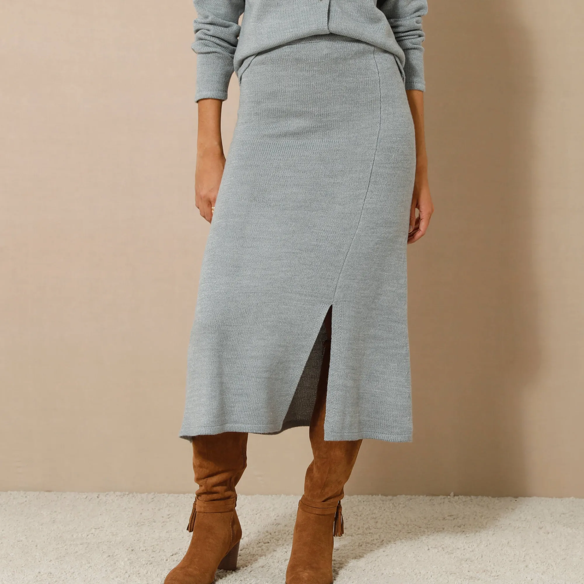Rok<Blancheporte Uitlopende rok in midimodel, tricot chiné grijs