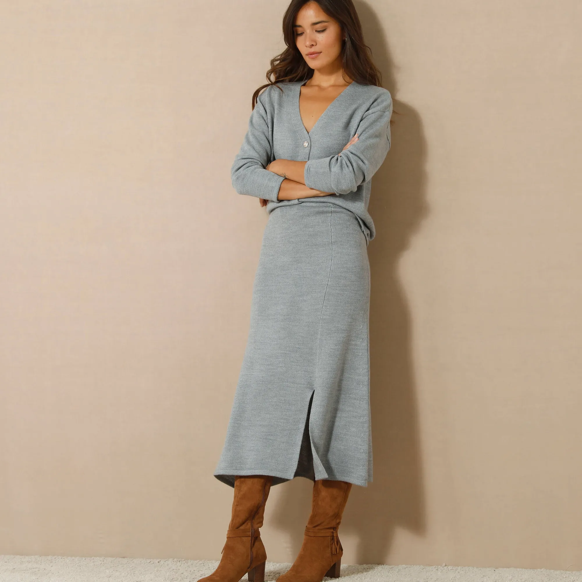 Rok<Blancheporte Uitlopende rok in midimodel, tricot chiné grijs