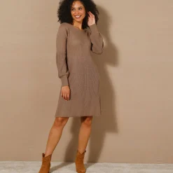 Jurk<Blancheporte Uitlopende trui-jurk in patenttricot taupe