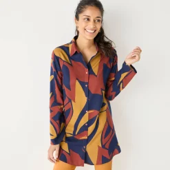 Bloes En Tuniek<Blancheporte Uitlopende tuniek met knopen en grafische print marine / kerrie