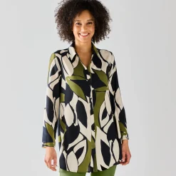 Bloes En Tuniek<Blancheporte Uitlopende tuniek met knopen en grafische print zwart / kaki