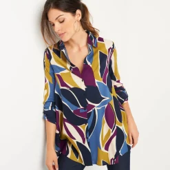 Bloes En Tuniek<Blancheporte Uitlopende tuniek met knopen en grafische print marine / blauw