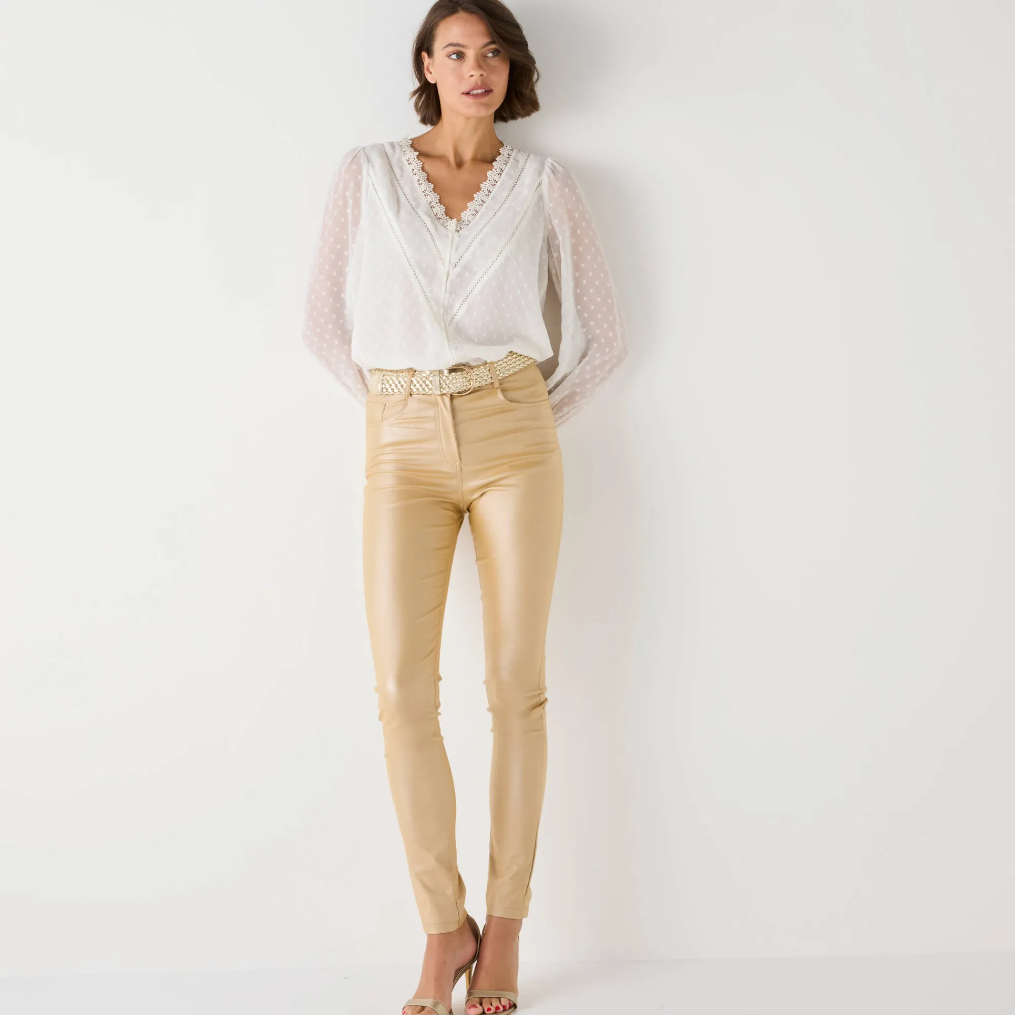 Feestoutfits Dames|Broek<Blancheporte Ultrarekbare, nauwsluitende broek met coating goudkleurig