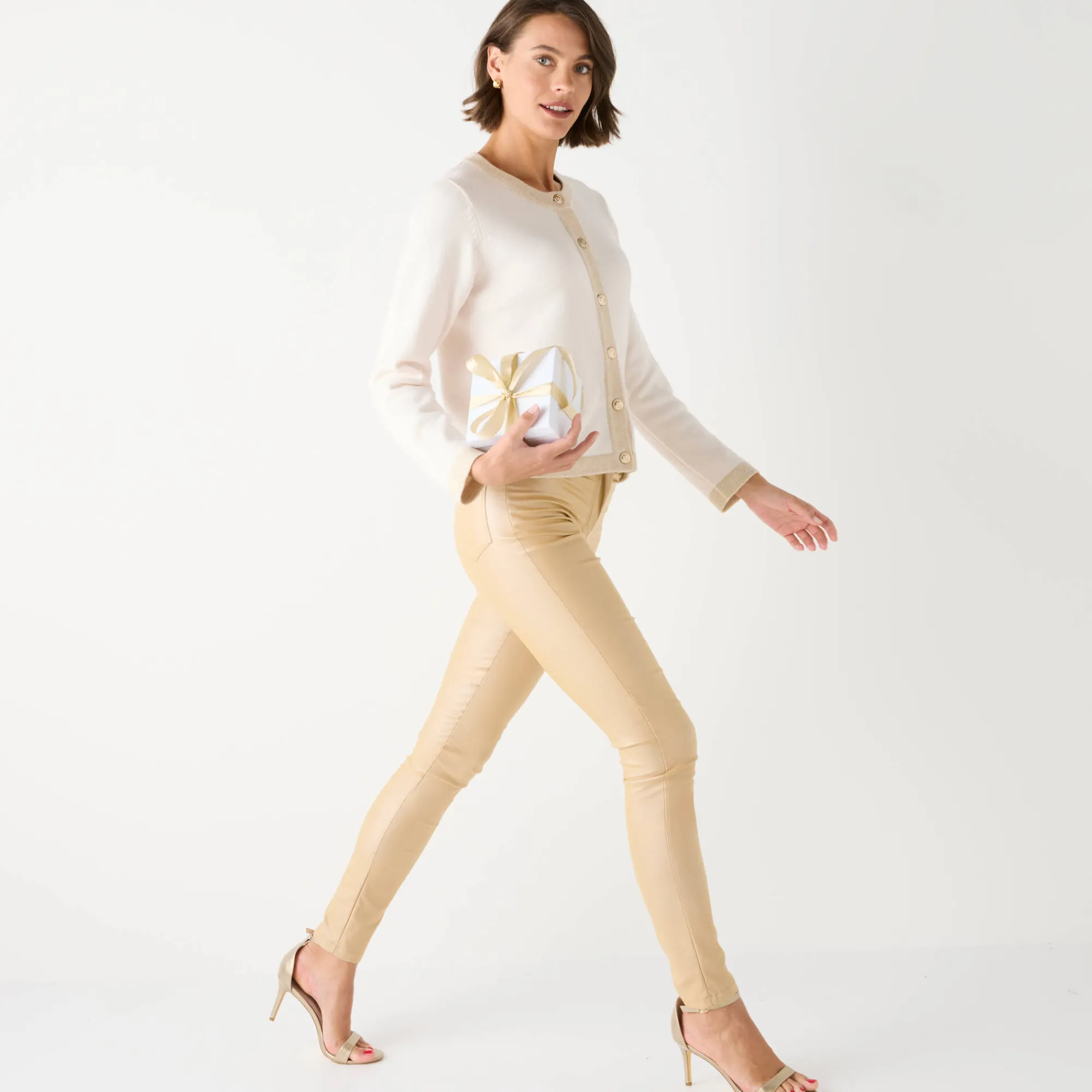 Feestoutfits Dames|Broek<Blancheporte Ultrarekbare, nauwsluitende broek met coating goudkleurig