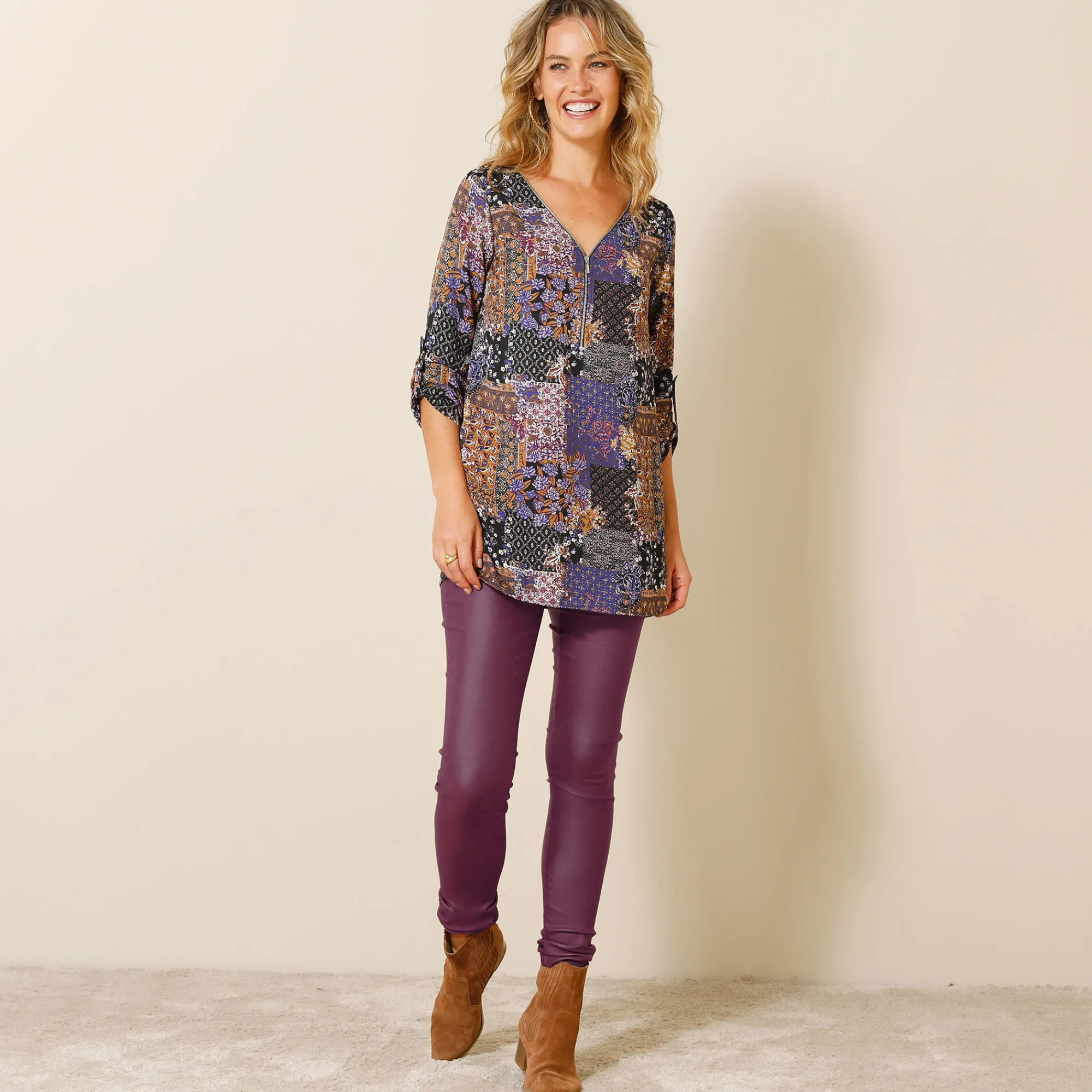 Feestoutfits Dames|Broek<Blancheporte Ultrarekbare, nauwsluitende broek met coating pruim