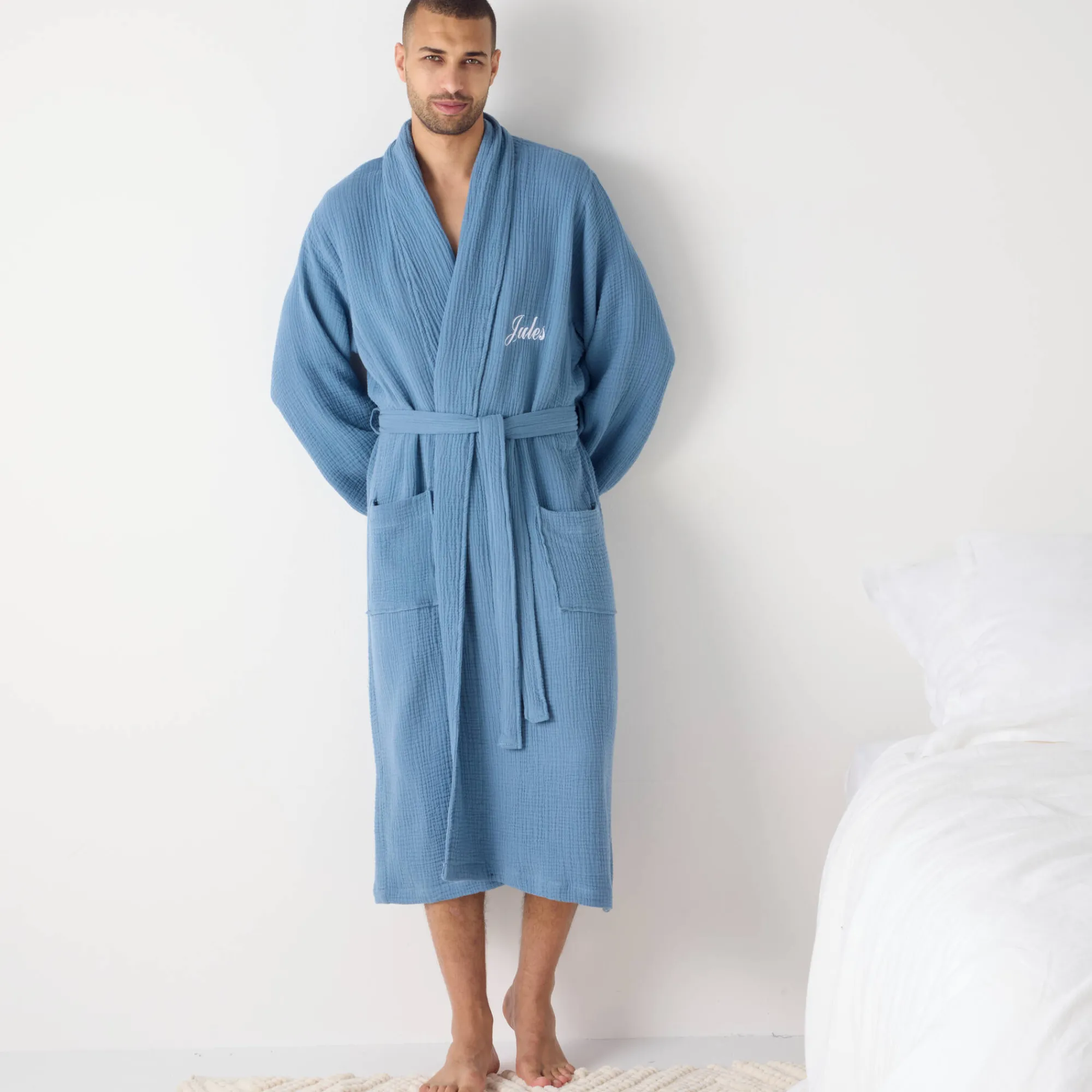 Badjas<Colombine Uniseks badjas met sjaalkraag in tetrastof ®, personaliseerbaar blauw