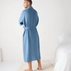 Badjas<Colombine Uniseks badjas met sjaalkraag in tetrastof ®, personaliseerbaar blauw