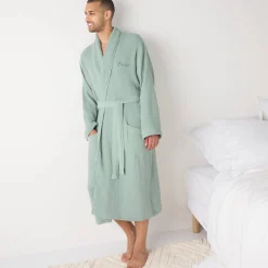 Badjas<Colombine Uniseks badjas met sjaalkraag in tetrastof ®, personaliseerbaar groen