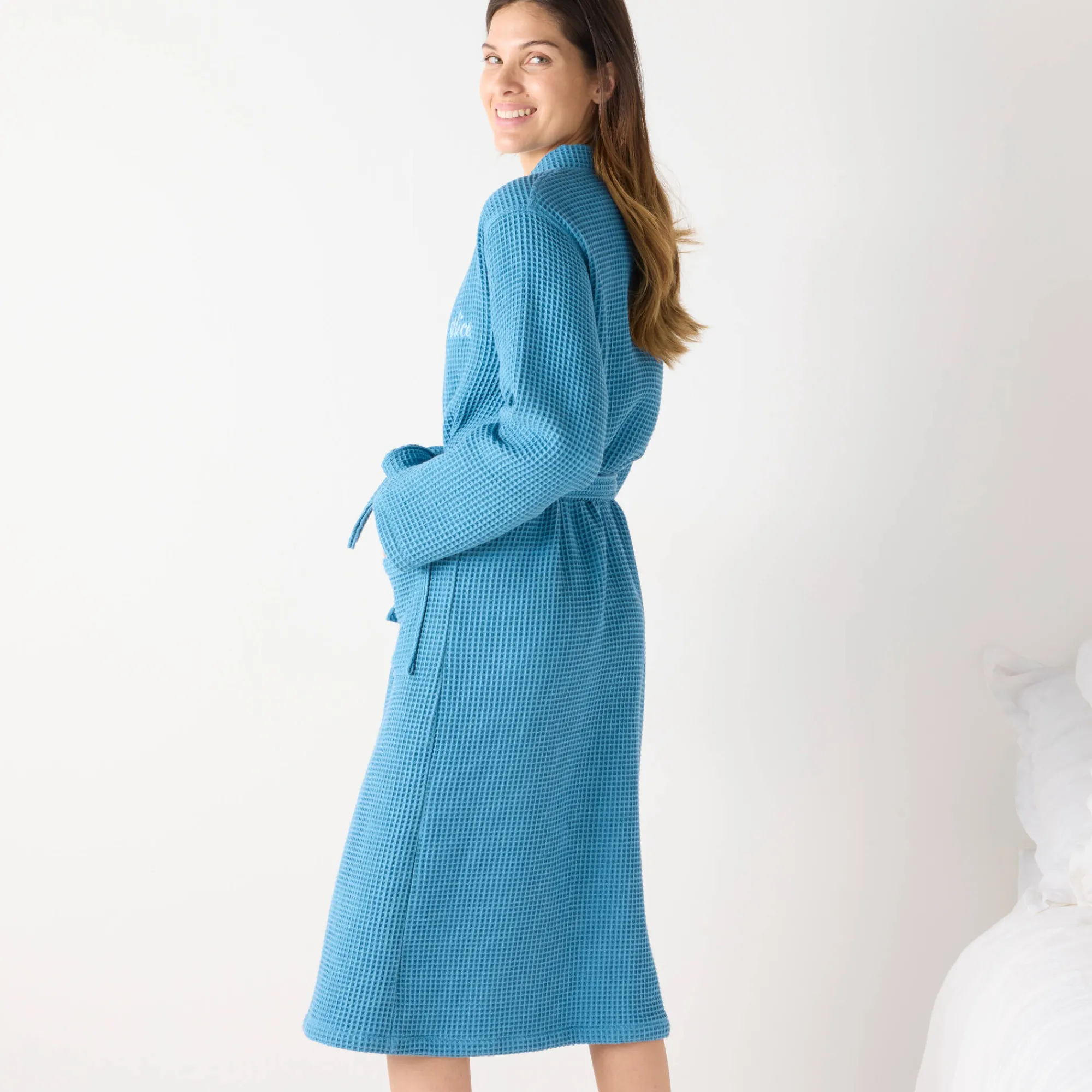Badjas<Colombine Uniseks badjas voor volwassenen in bijenraattricot 280 g/m2, personaliseerbaar blauw