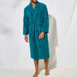 Badjas<Colombine Unisex badjas voor volwassenen, veloursbadstof met sjaalkraag eendengroen