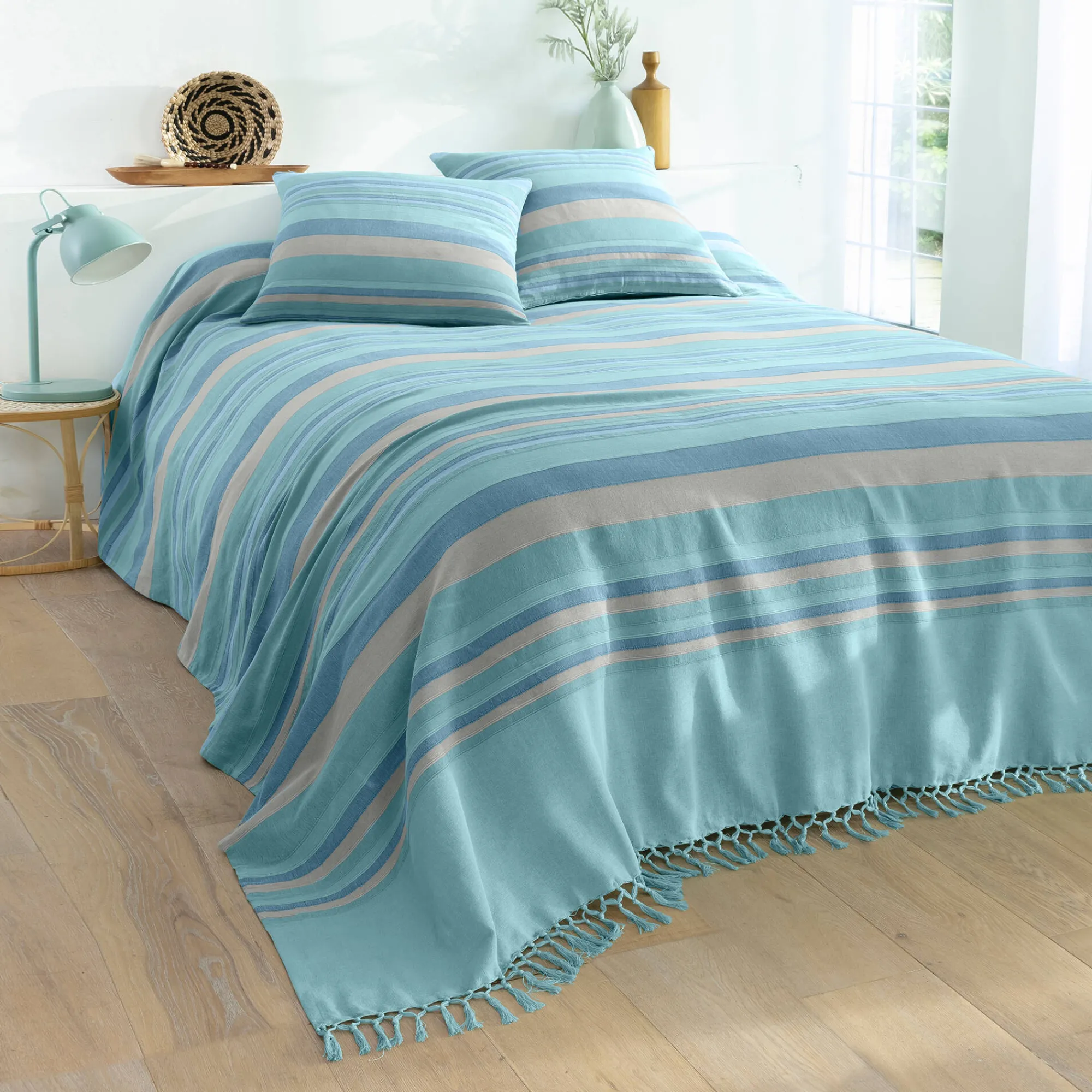 Zeildoekstof<Blancheporte Veelkleurig artisanaal geweven sprei of plaid celadon