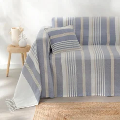 Zeildoekstof<Blancheporte Veelkleurig artisanaal geweven sprei of plaid blauw
