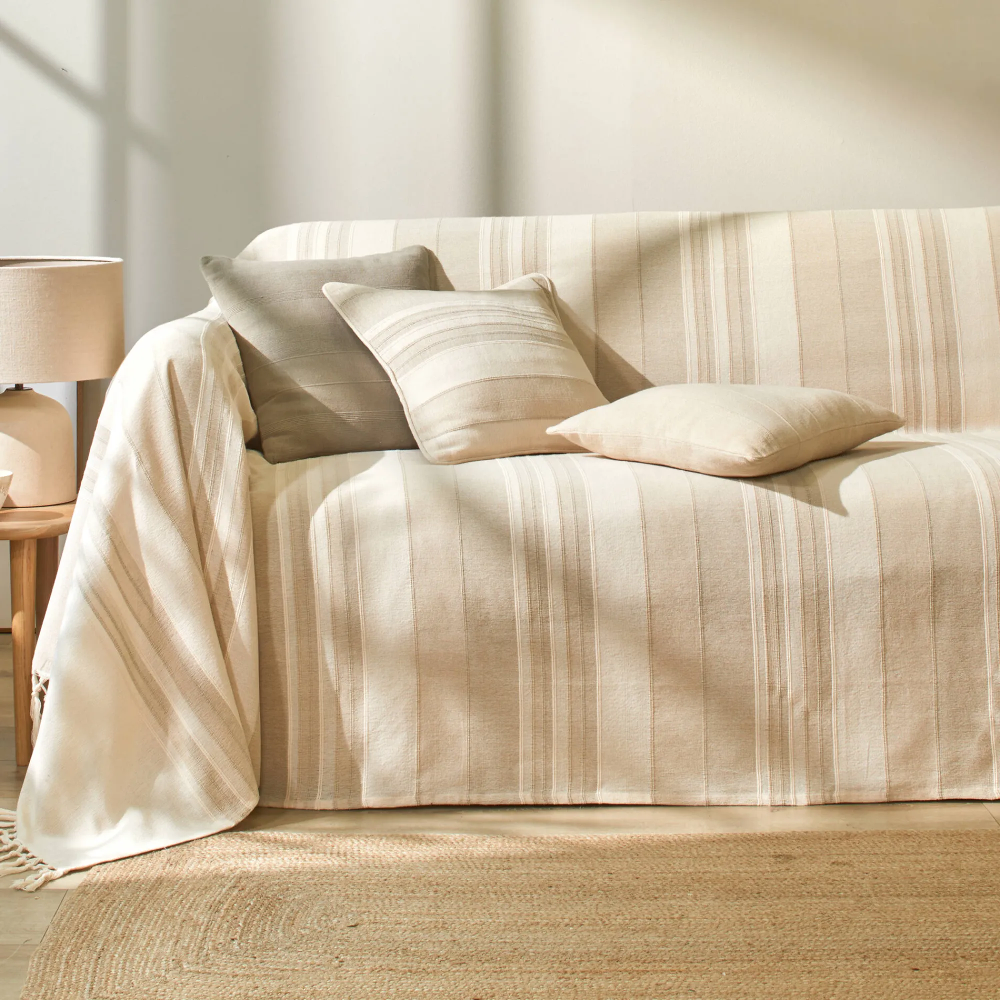 Zeildoekstof<Blancheporte Veelkleurig artisanaal geweven sprei of plaid zandkleur