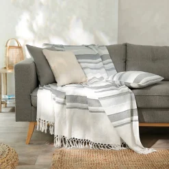Zeildoekstof<Blancheporte Veelkleurig artisanaal geweven sprei of plaid parelgrijs