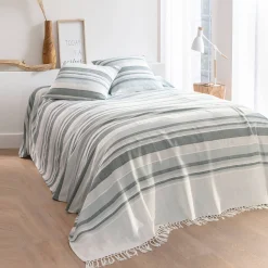 Zeildoekstof<Blancheporte Veelkleurig artisanaal geweven sprei of plaid parelgrijs