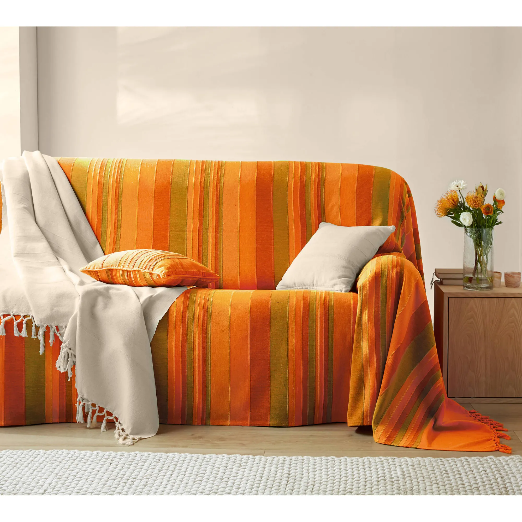 Zeildoekstof<Blancheporte Veelkleurig artisanaal geweven sprei of plaid oranje