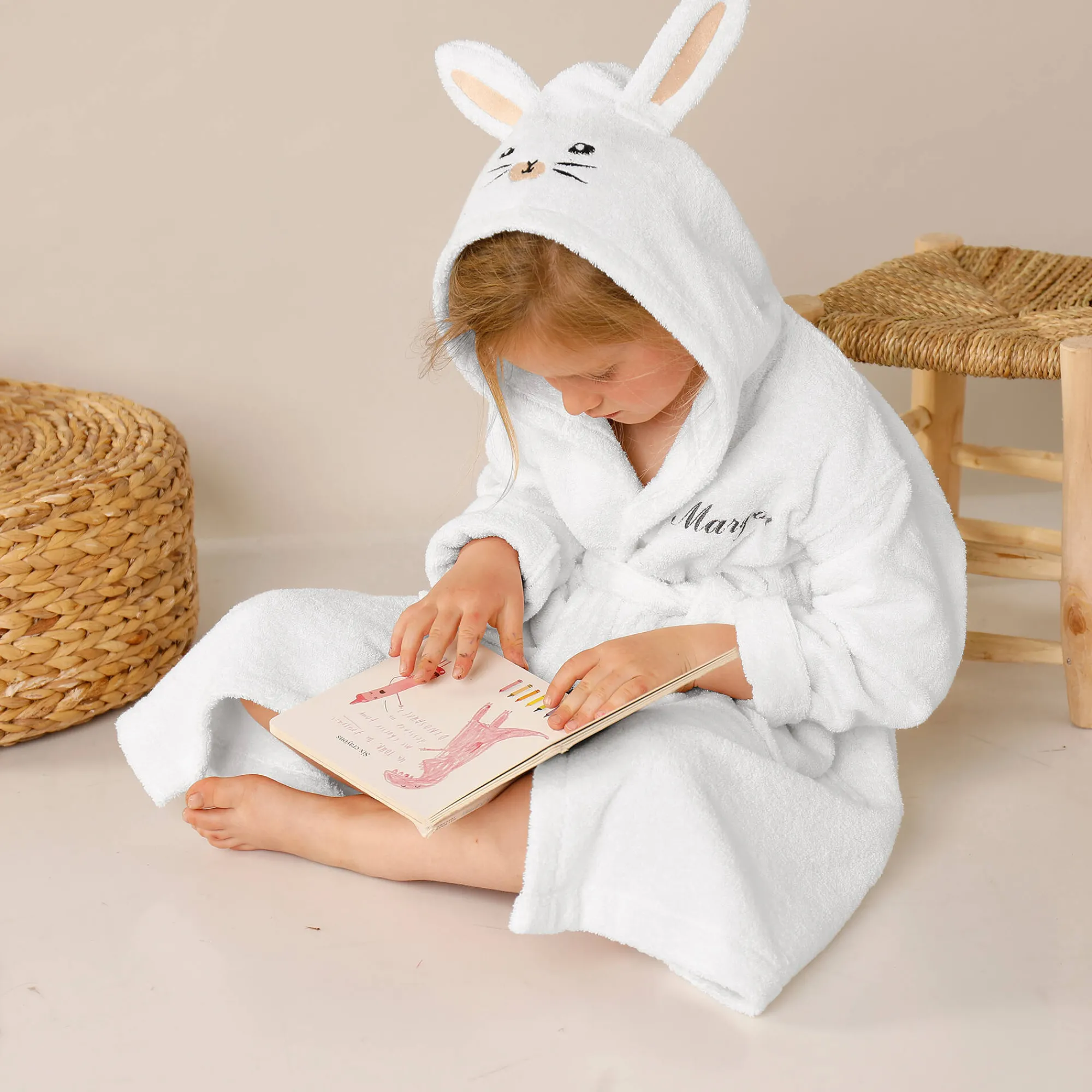 Badjas|Handdoek En Badlaken Kids<Colombine des petits Vermommingsbadjas voor kinderen, konijnmotief en kap, personaliseerbaar wit