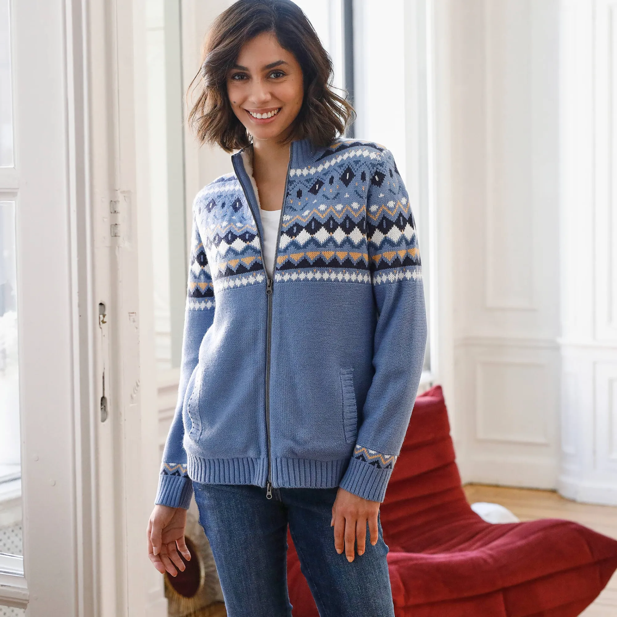 Trui En Vest<Blancheporte Vest in jacquard, gevoerd met pluchetricot grijsblauw