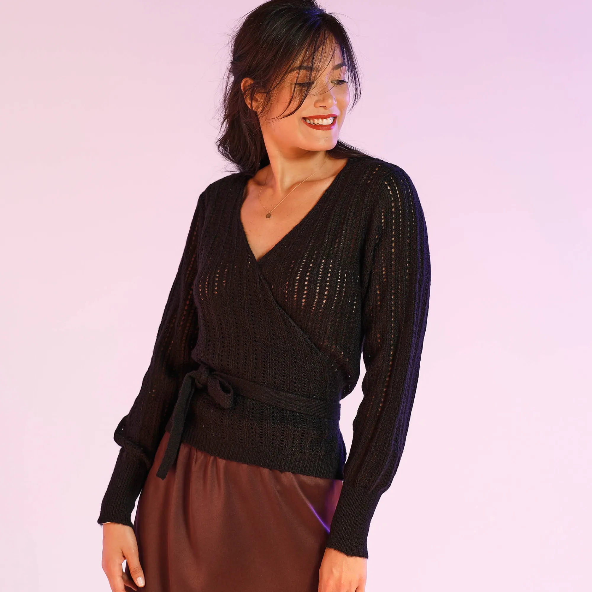 Trui En Vest<Blancheporte Vest in wikkelstijl met ajour en lange mouwen zwart