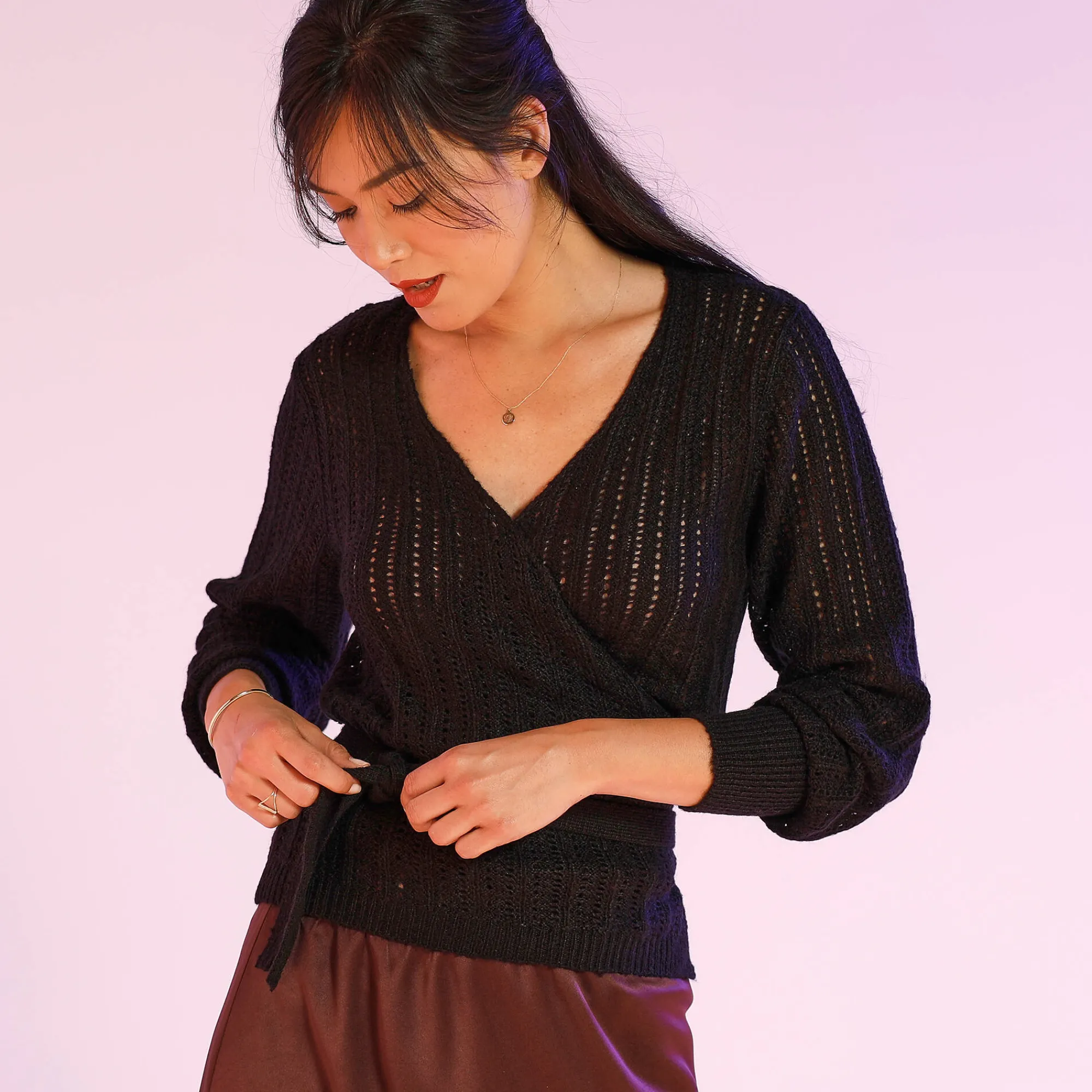 Trui En Vest<Blancheporte Vest in wikkelstijl met ajour en lange mouwen zwart