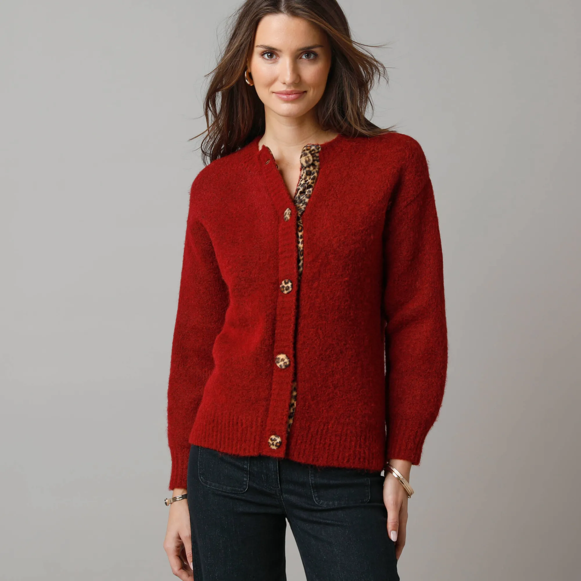 Trui En Vest<Lora Zellini Vest in zacht tricot van wolmix, details met luipaardprint bordeaux