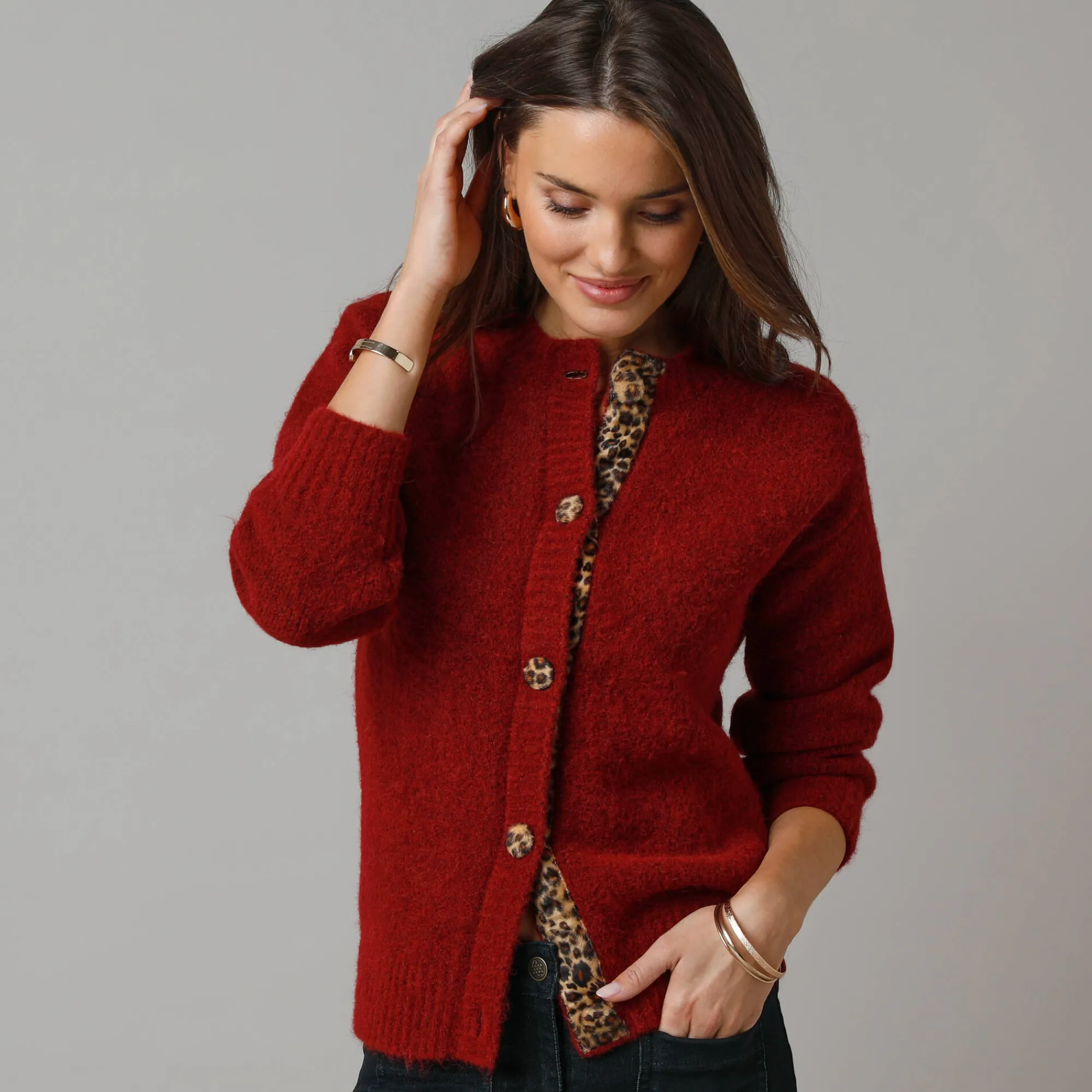 Trui En Vest<Lora Zellini Vest in zacht tricot van wolmix, details met luipaardprint bordeaux