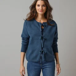Trui En Vest<Lora Zellini Vest met knooplintjes en lange mouwen, wolmix marine