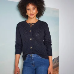 Trui En Vest<Blancheporte Vest met knoopsluiting, ajourtricot met zachte touch marine