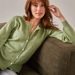 Trui En Vest<Blancheporte Vest met knoopsluiting en geschulpte afwerking, pointelletricot met mohairtouch watergroen