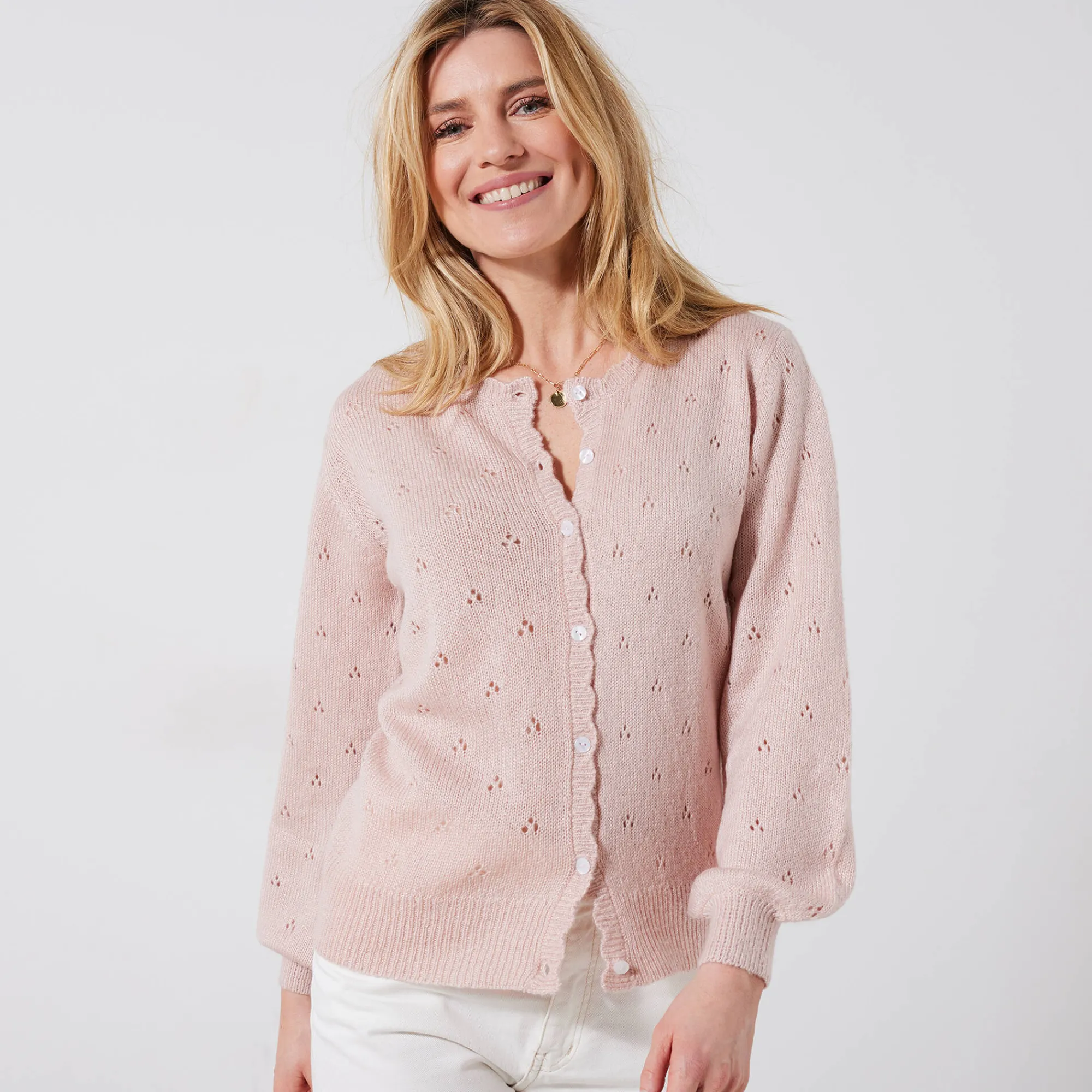 Trui En Vest<Blancheporte Vest met knoopsluiting en geschulpte afwerking, pointelletricot met mohairtouch poederroze