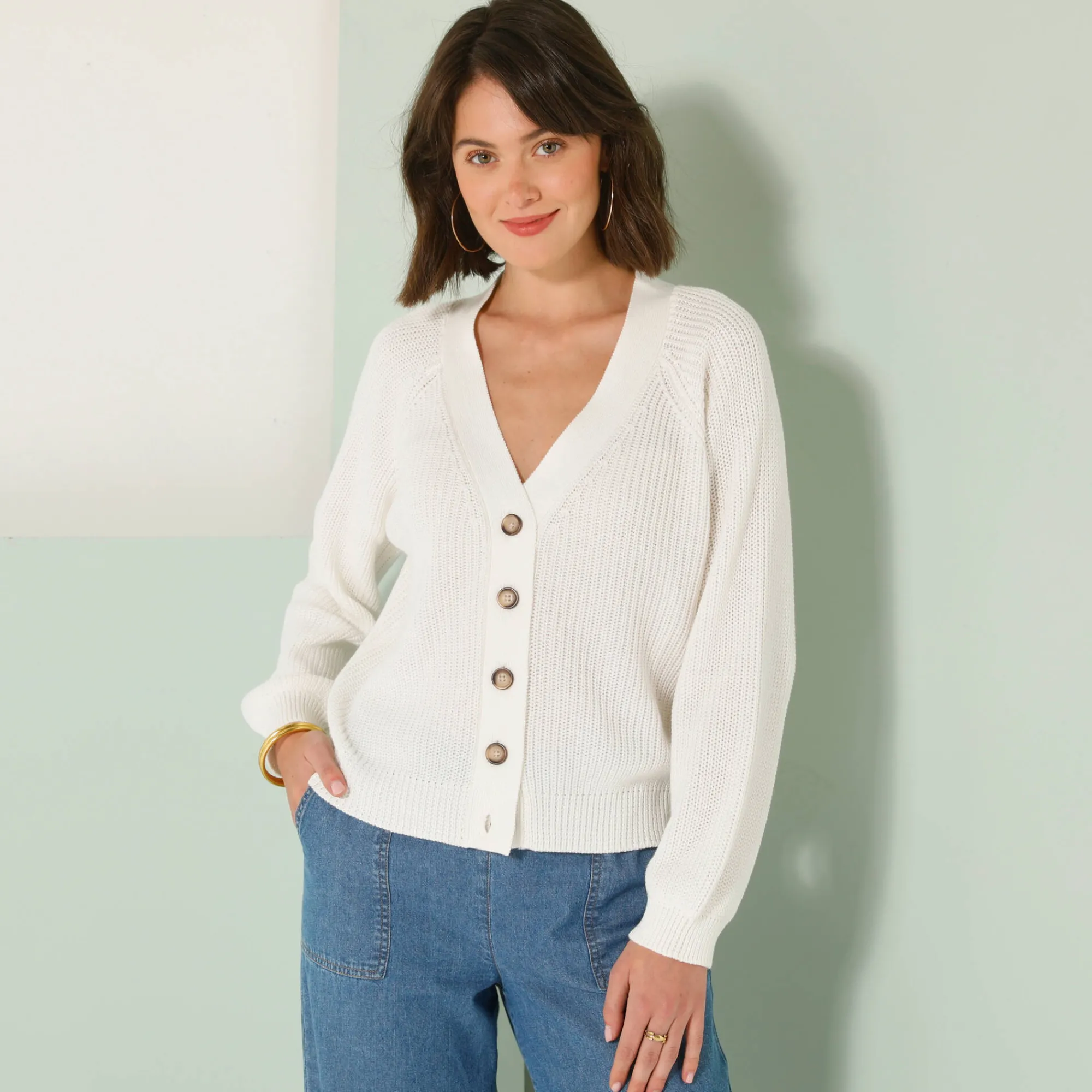 Trui En Vest<Blancheporte Vest met knoopsluiting, pareltricot wit