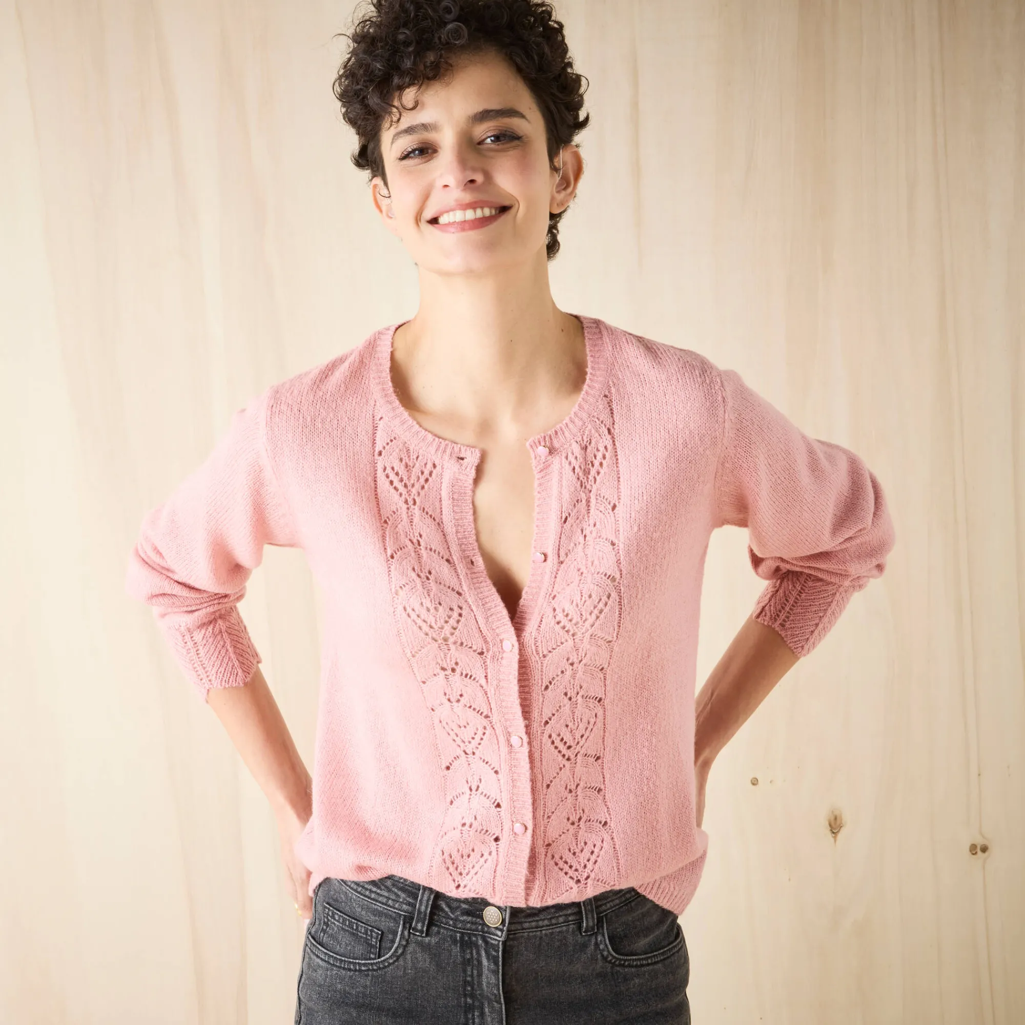 Trui En Vest<Blancheporte Vest met knopen, ajourtricot grijsroze