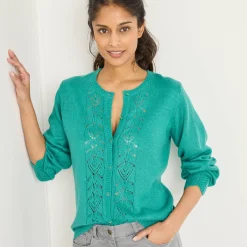 Trui En Vest<Blancheporte Vest met knopen, ajourtricot muntgroen