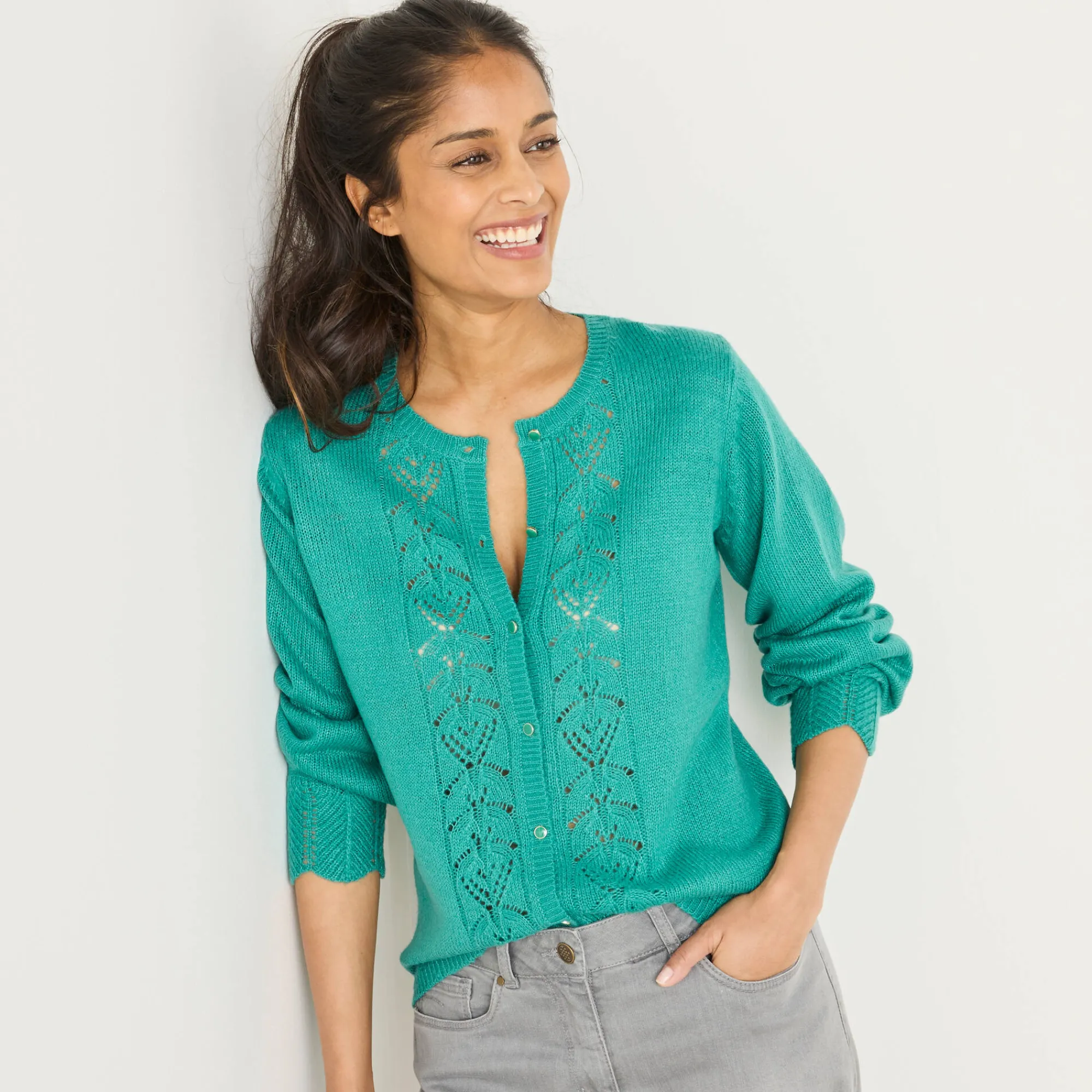 Trui En Vest<Blancheporte Vest met knopen, ajourtricot muntgroen