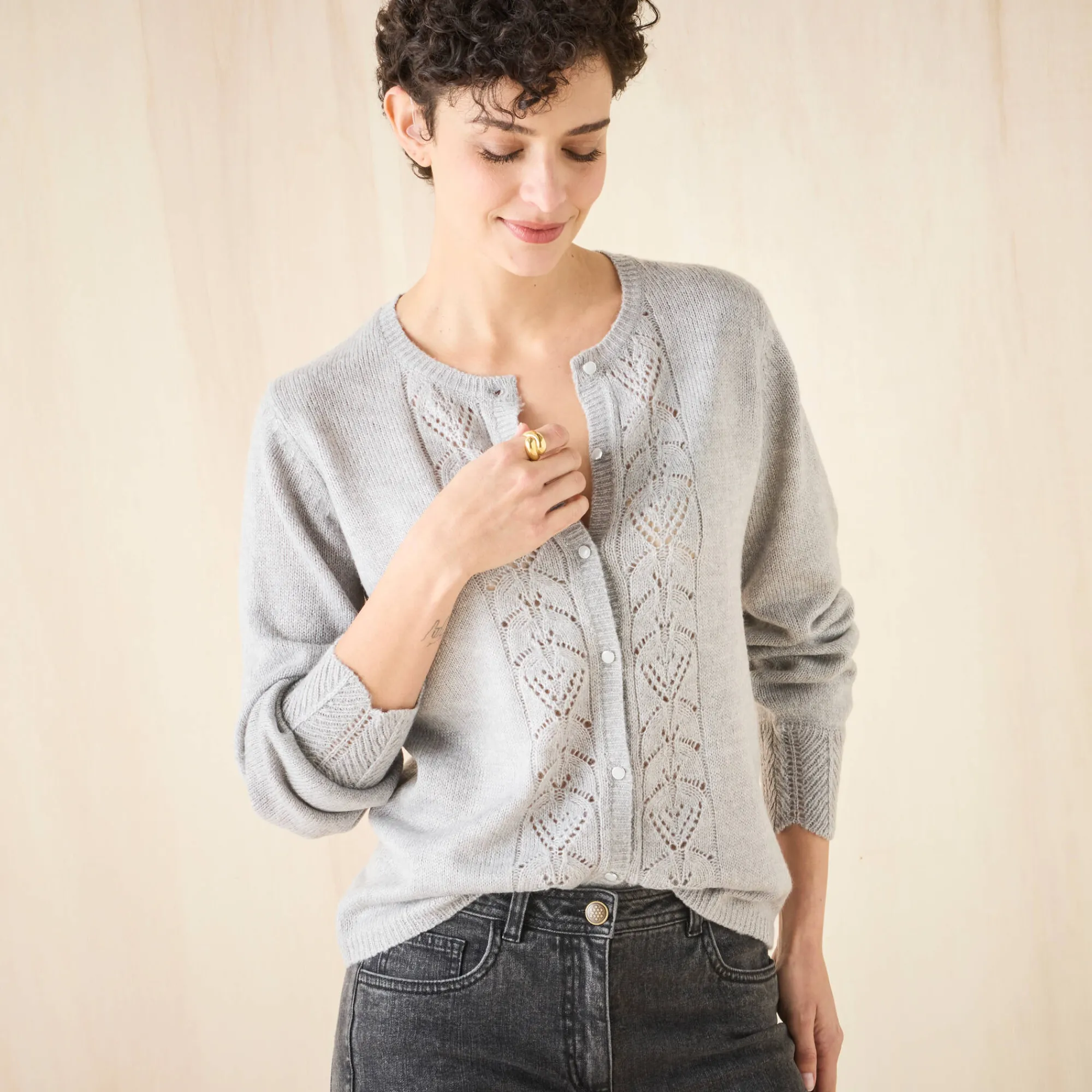 Trui En Vest<Blancheporte Vest met knopen, ajourtricot chiné grijs