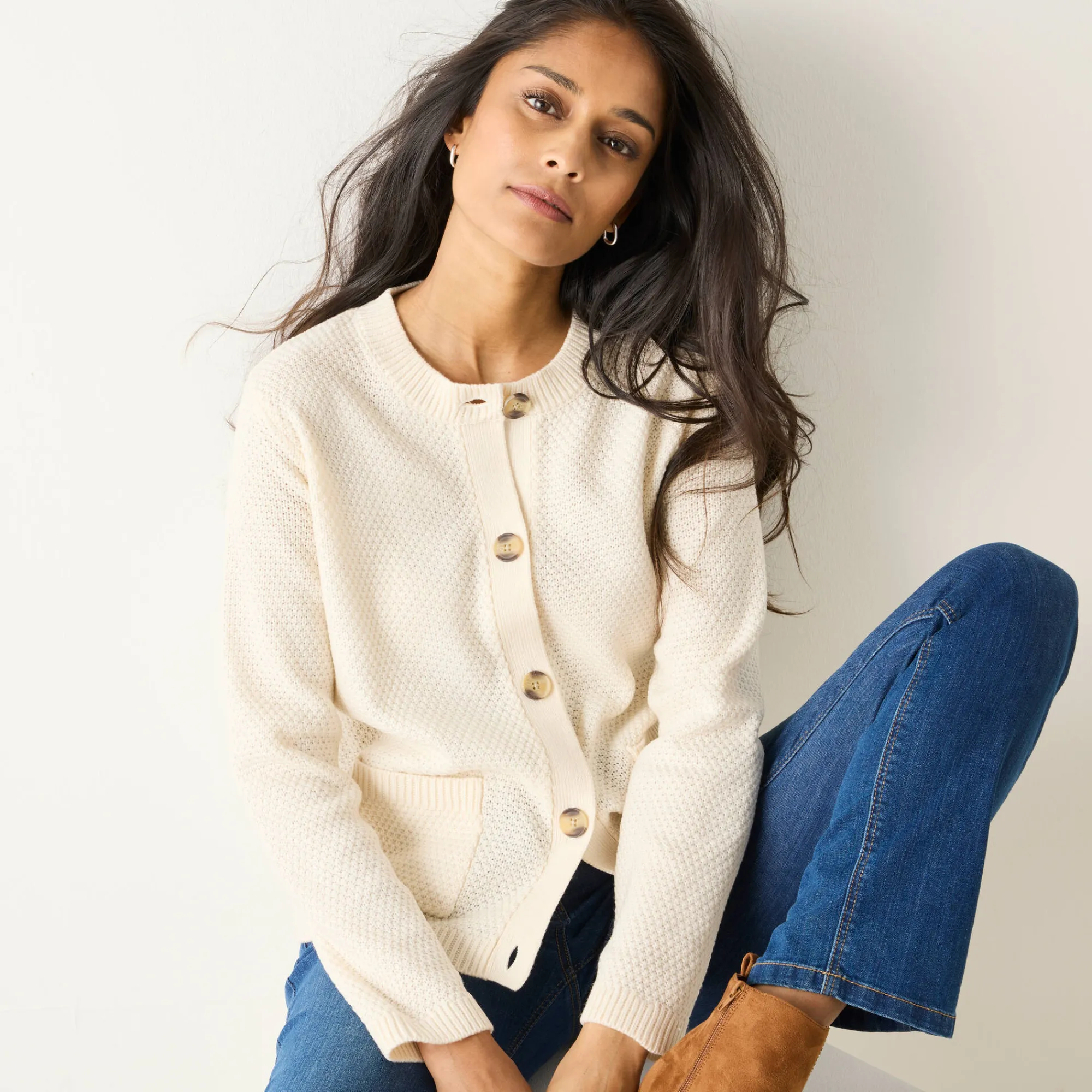 Trui En Vest<Blancheporte Vest met knopen en lange mouwen, fantasietricot ecru