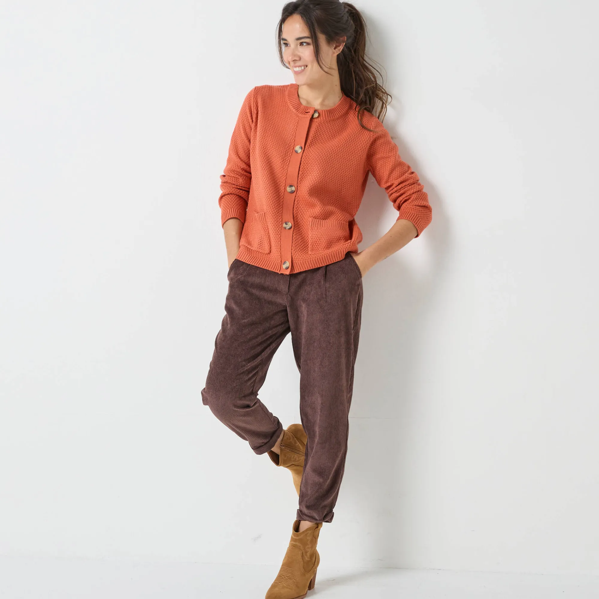 Trui En Vest<Blancheporte Vest met knopen en lange mouwen, fantasietricot donkeroranje