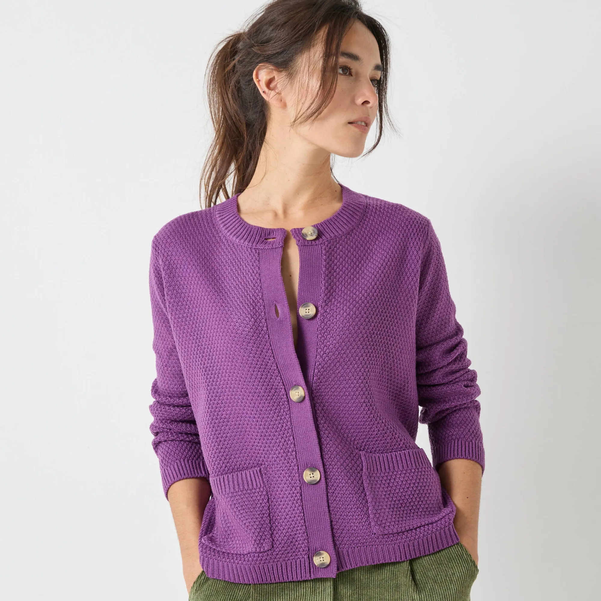 Trui En Vest<Blancheporte Vest met knopen en lange mouwen, fantasietricot paars